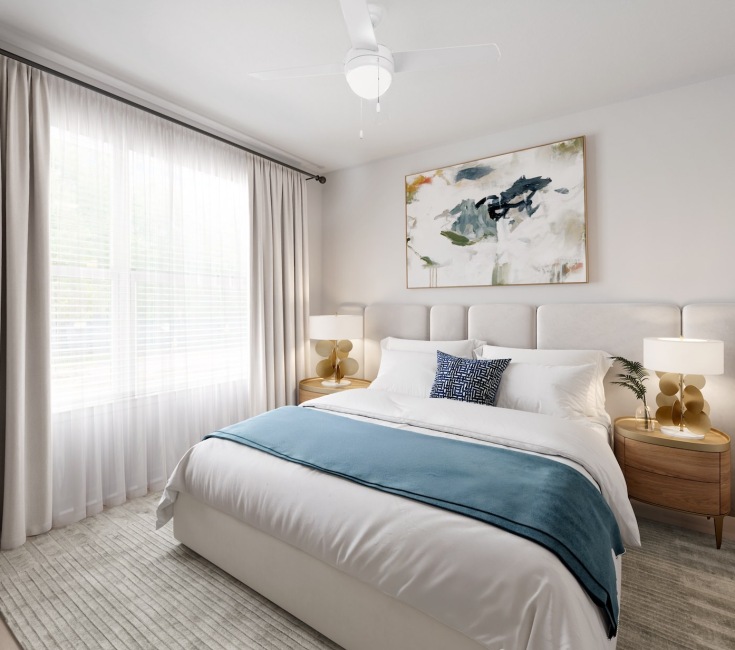 bedroom bed curtains large window nightstands lamps wall art rug bedroom bed curtains large window nightstands lamps wall art rug