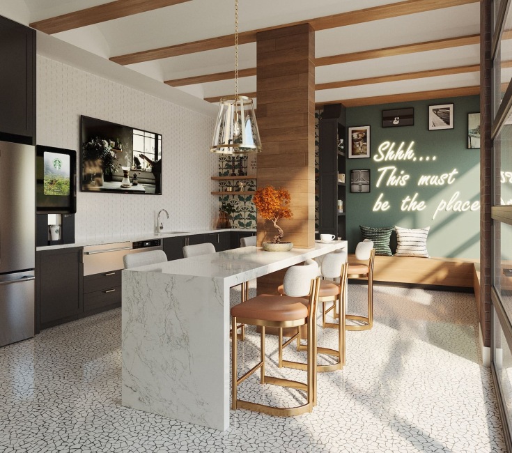 resident kitchen with a bar and chairs